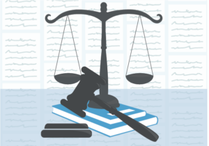 Illustration. Vector image of scales resting on a stack of books, with a gavel in front. Legal documents lay across the background of the illustration.
