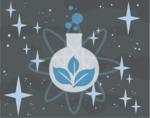 Illustration. A representation of the natural science genre, with a test tube containing botanical figures. It is placed in a space background with stars and atomic rings.