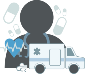 Illustration. A symbol of health care with a person wearing a stethoscope in the background, with an ambulance and heartbeat symbol in the foreground. Medicinal illustrations surround the main figure.