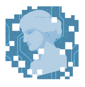Illustration. Roman statue bust in monotone blue, with digital elements such as dissolving pixels and binary code in the background.
